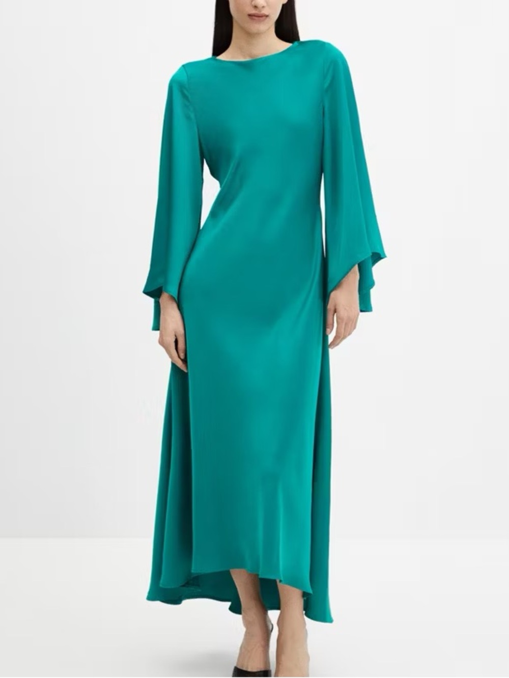 Mango Flared Sleeve Satin Dress Size 4 Teal Green